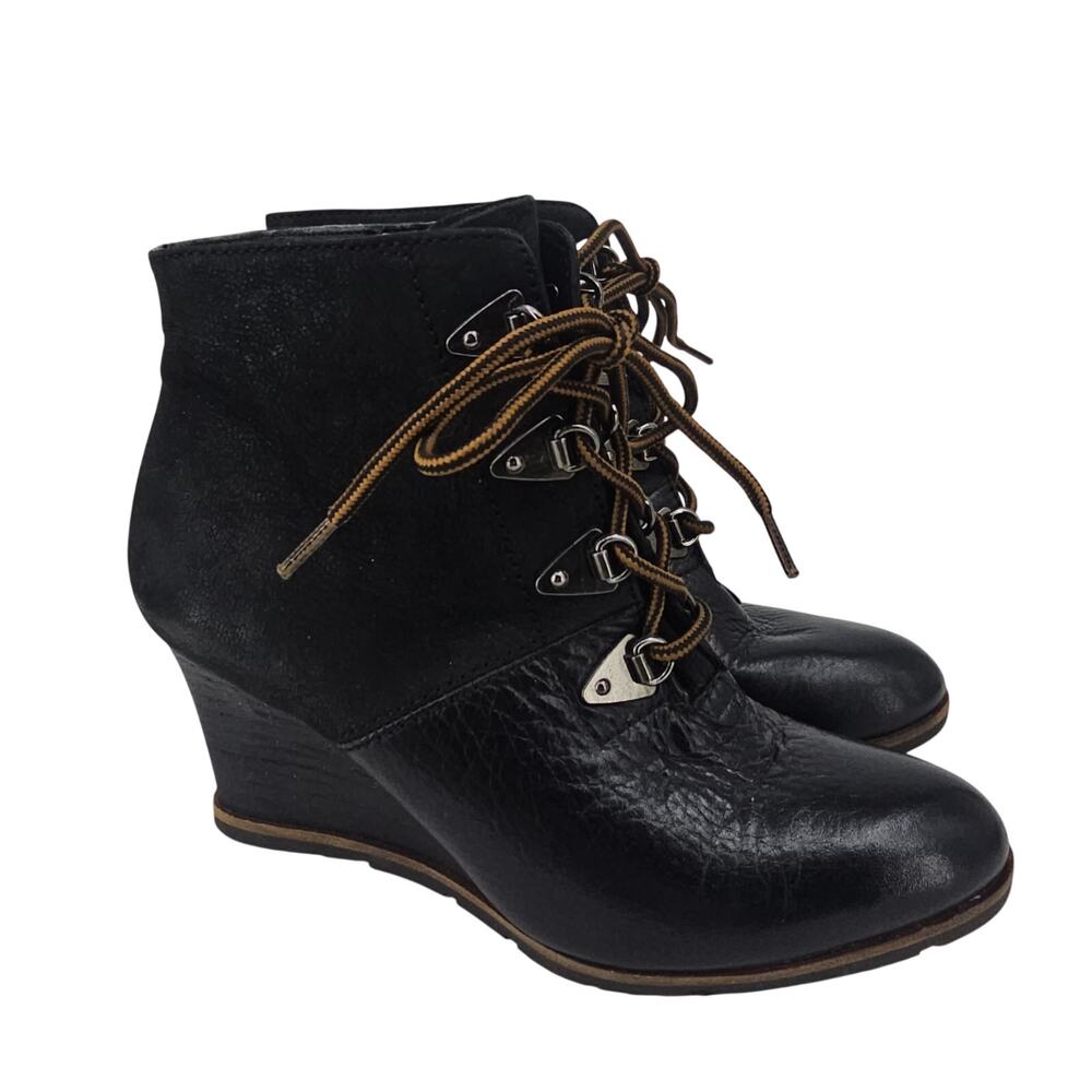 Franco Sarto Xava Black Leather Suede Lace Up Wedge Ankle Boot Womens 6.5 36.5